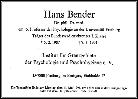 Hans Benders Todesanzeige des Instituts