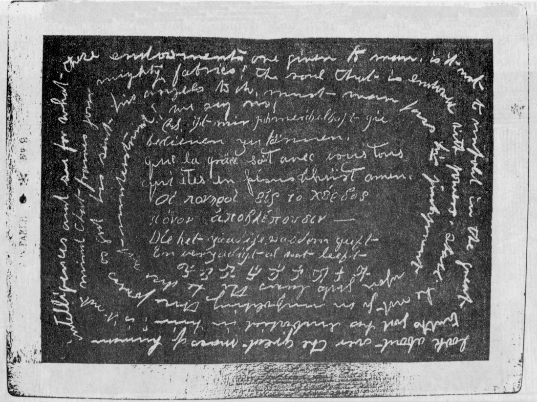 Bild 10: Schiefertafel mit paranormal entstandener Schrift in fünf verschiedenen Sprachen
